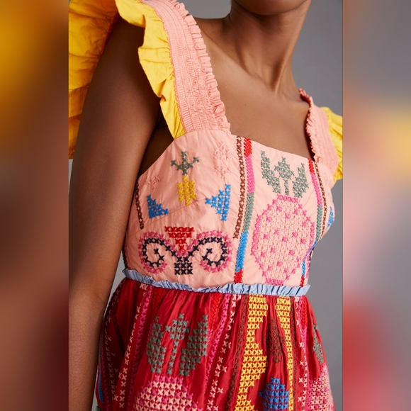 Colorful Patchwork Dress with Ruffle Sleeves - Picture 6 of 7